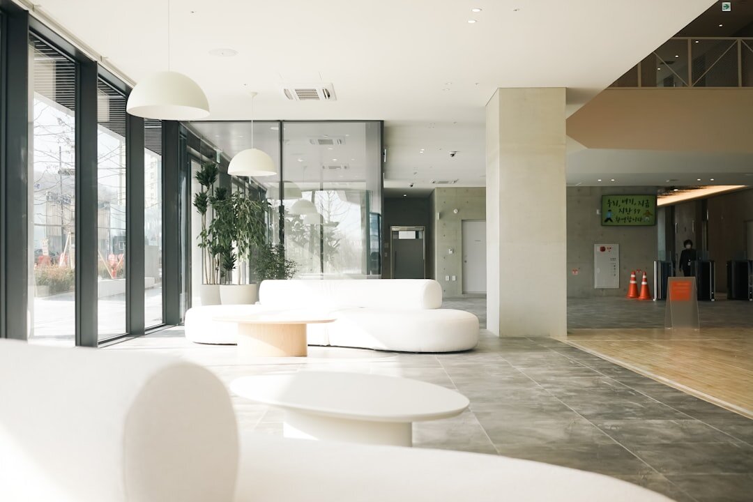 Modern office lobby with reception desk