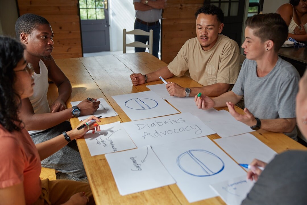 Team brainstorming session around a table with notes